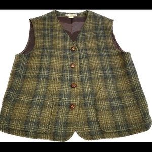 Vtg L.L. Bean Lambs Wool Vest Jacket 2 Pockets Leather Button Green Plaid Medium